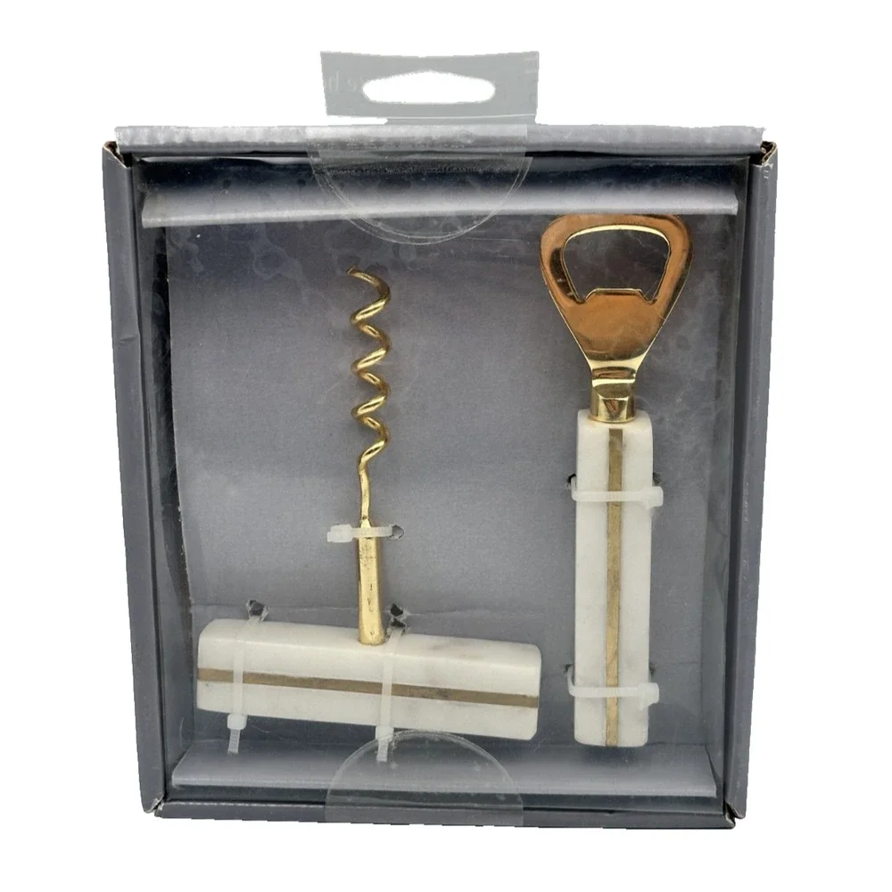 Simple Dining Marble Bar Tools Set of 2 Corkscrew Bottle Wine Opener White/ Gold